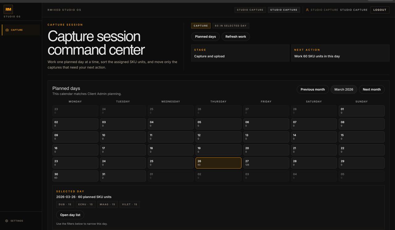 Studio capture session command center with planned day calendar and selected-day scope.