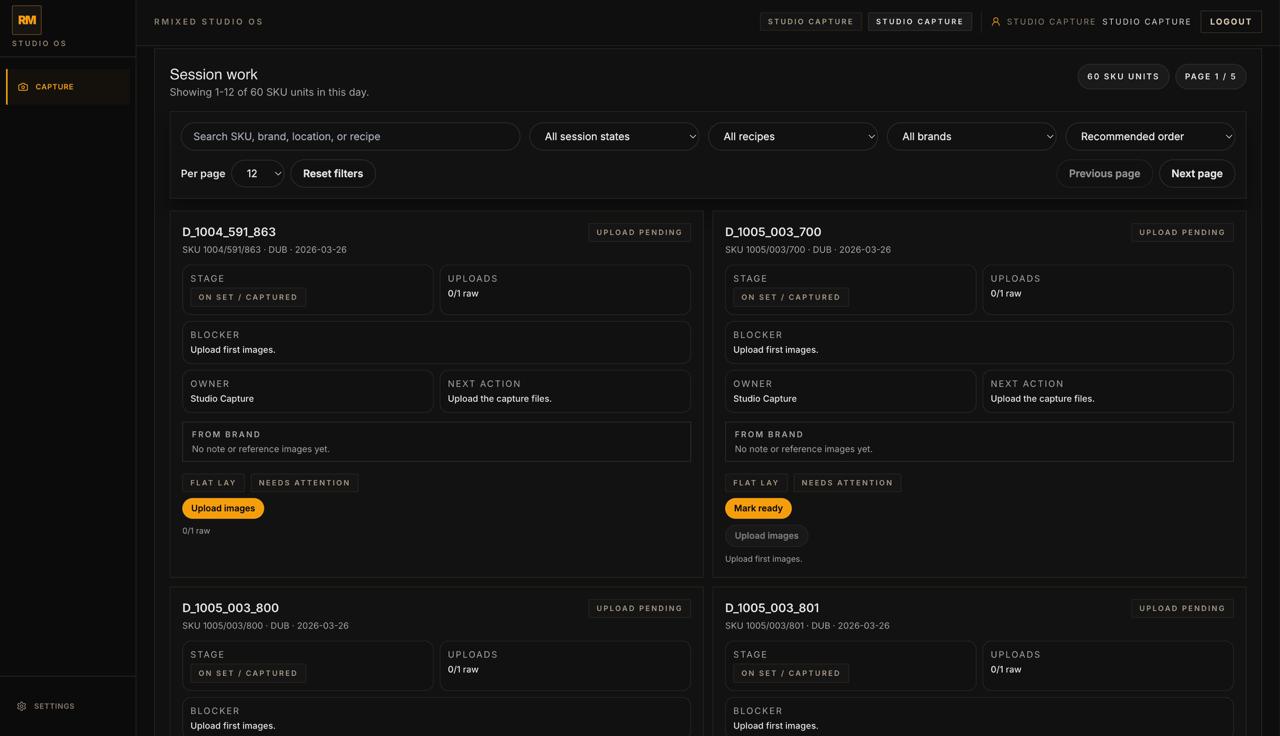 Studio capture work screen showing SKU cards with upload status, blockers, owner, and next action.