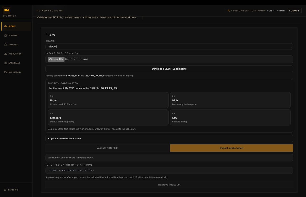 Studio intake workspace with brand selection, upload controls, and import QA actions.