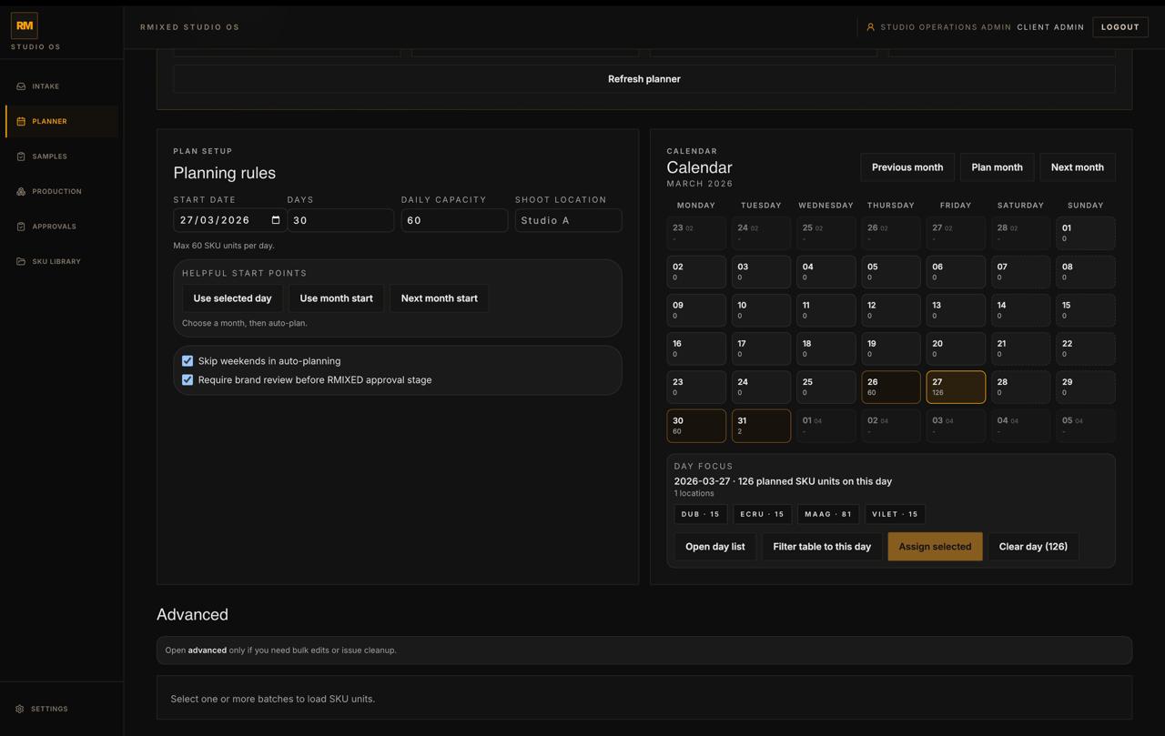 Studio planner dashboard showing planning rules, calendar assignment, and day focus counts.